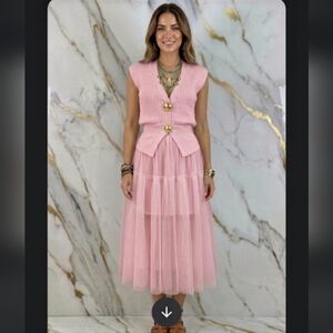 Pink Sleeveless Kable Gold Buttons Accent  Knit Top Vest